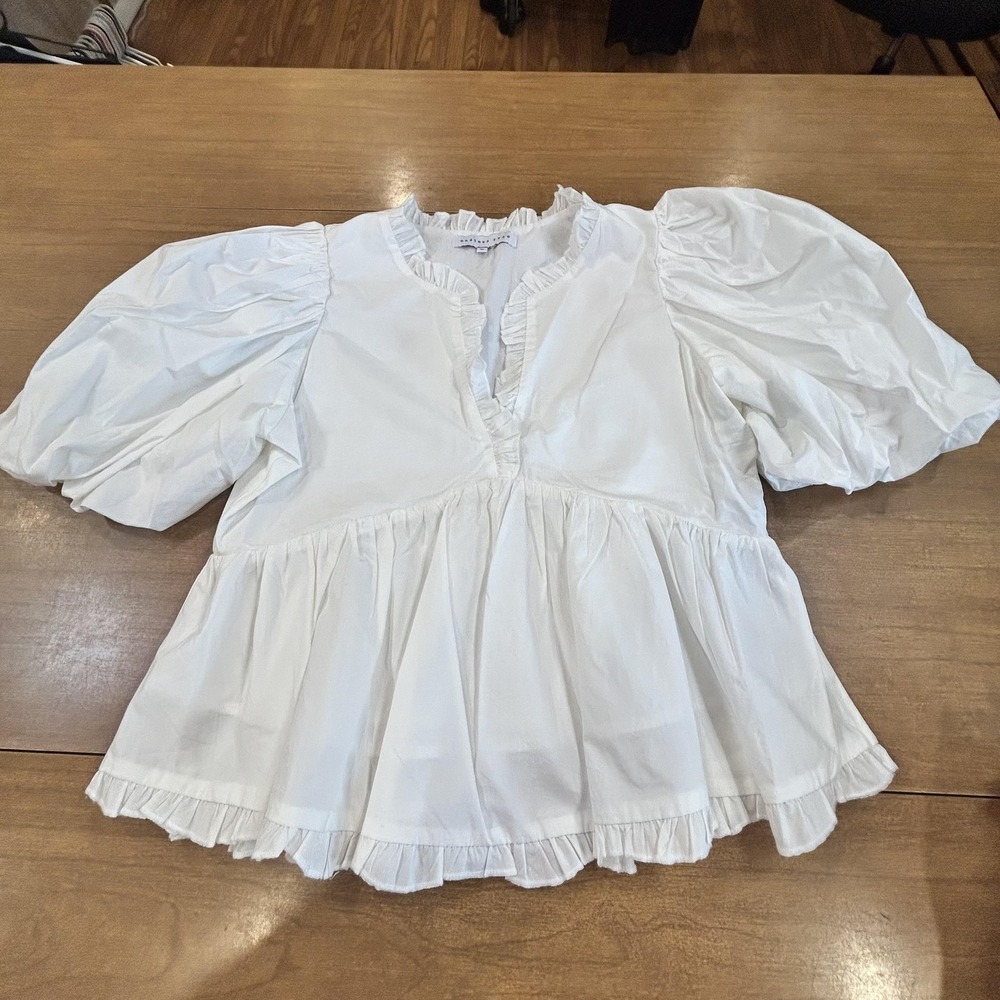Endless Rose Blouse Womens Medium White Puff Sleeve Ruffle Peplum Tunic Top